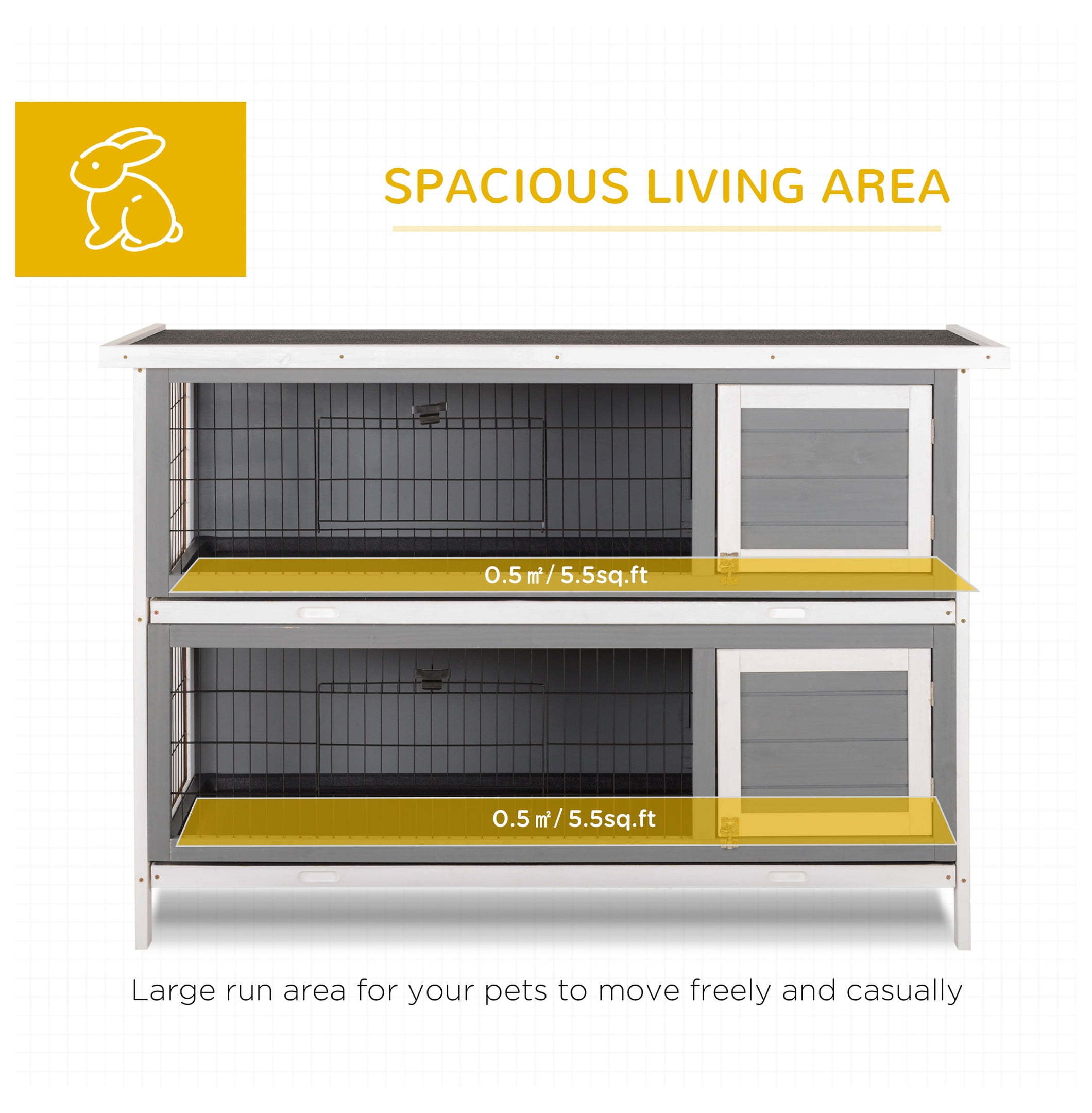 Rabbit Hutch 54" 2-Story Wooden Bunny Cage - Lockable Doors, Waterproof Roof - Outdoor/Indoor Pet House - Dark Grey