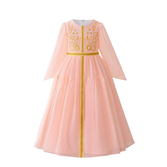 Odeerbi Niñas Vestido Retro Vintage Musulmán Bordado Islámico Oración Vestido Algodón Princesa Vestido Niños Manga Larga Cuello Redondo Vestido Suelto Túnica