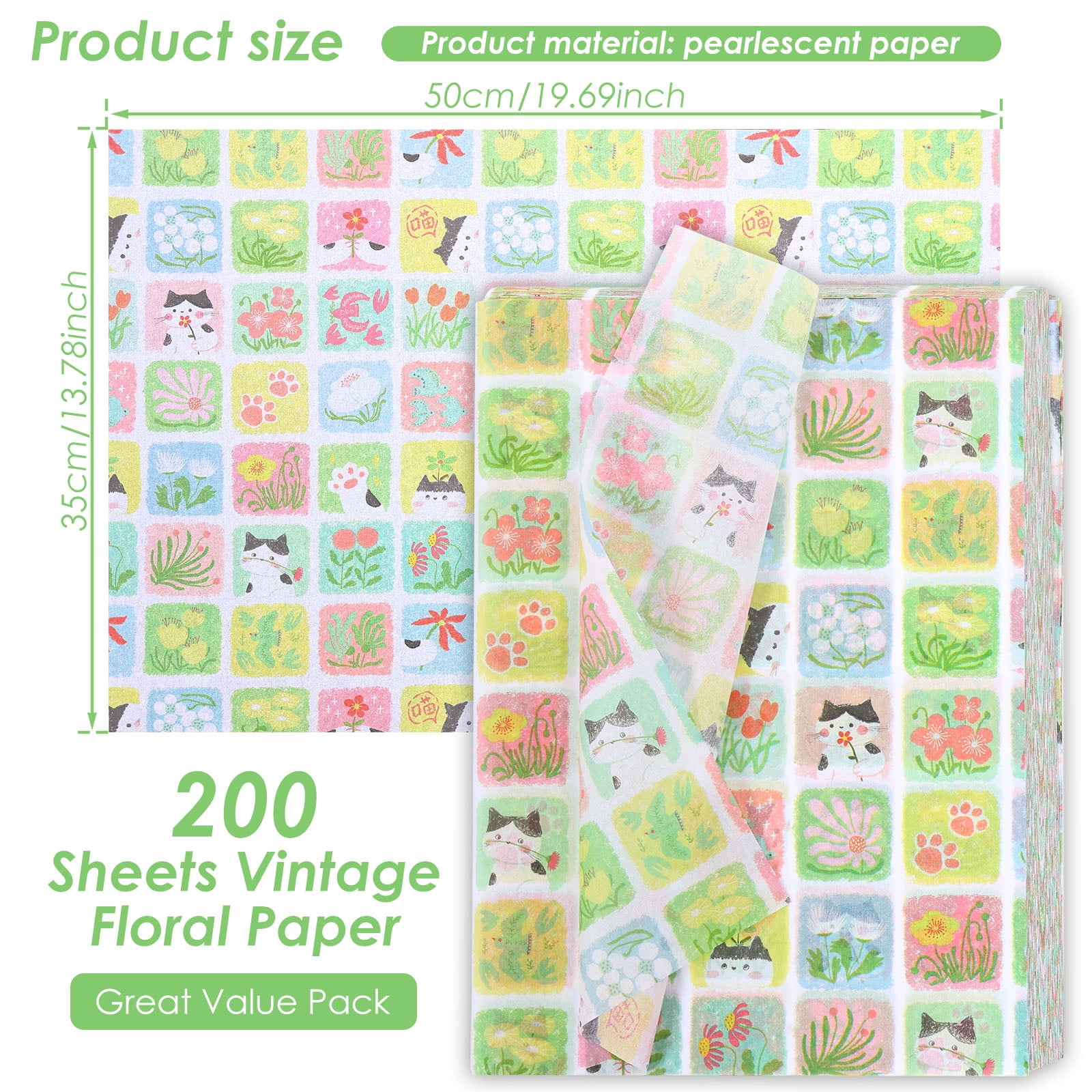 Atopoler 200 Sheet Cartoon Tissue Paper,Cute Animal Floral Preasent Wrap Tissue Paper for Wrapping Crafting Packing,20 x 14 inches,Green Color