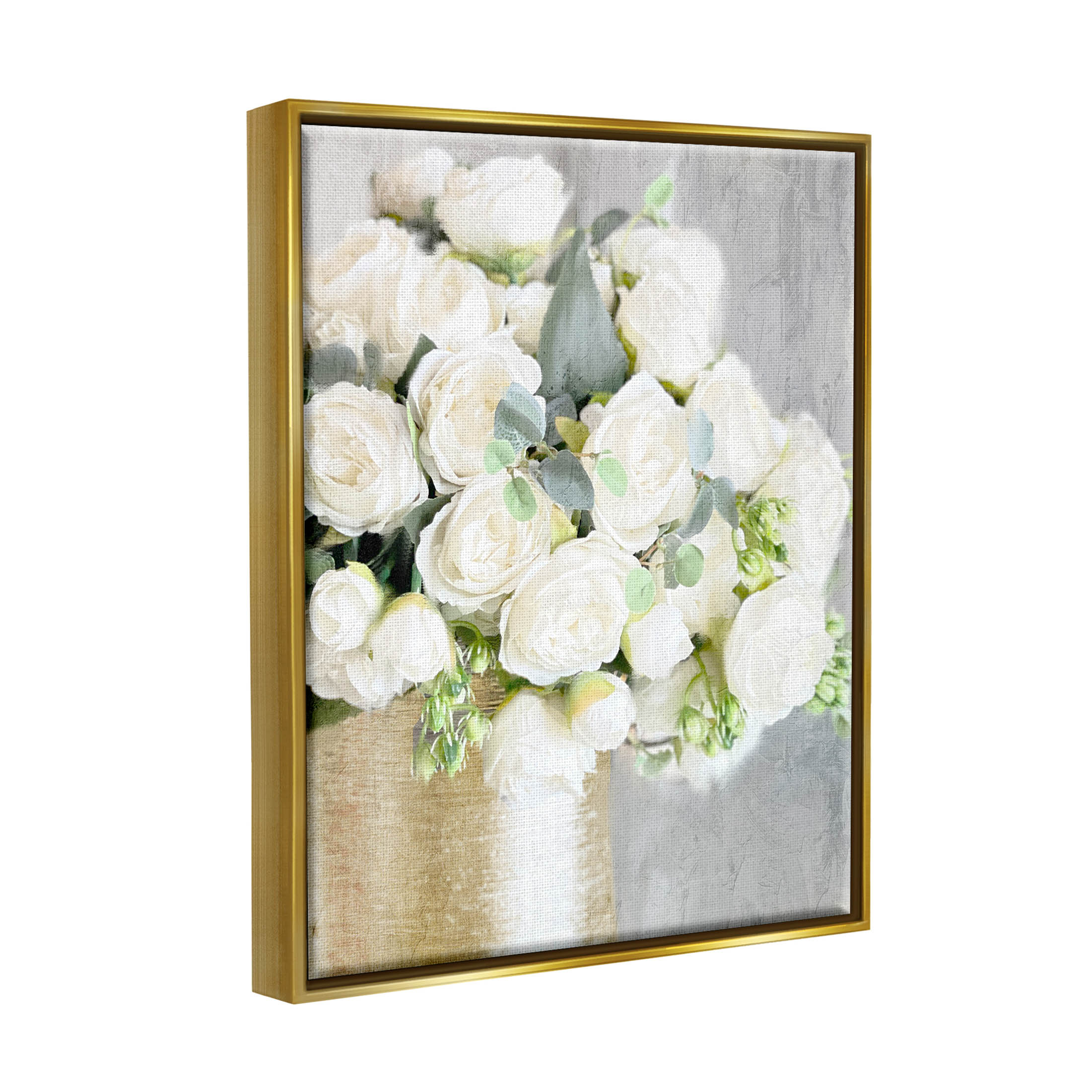 Full White Rose Bouquet Botanical & Floral Graphic Art Metallic Gold Framed Art Print Wall Art