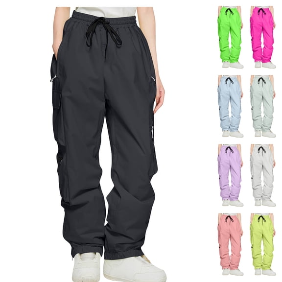 Womens Water Resistant Windproof Ski Pants Double Layered Snowboard Insulated High Waist Baggy Cargo Parachute Joggers for Winter Outdoor Sports, Black, L