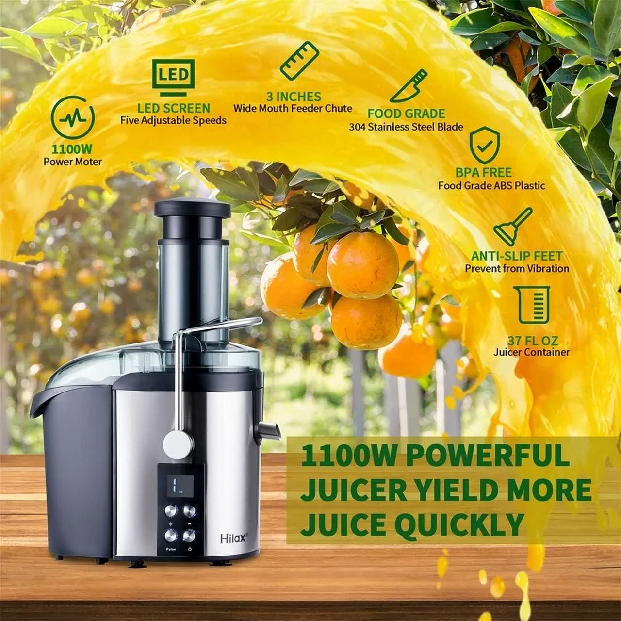 Hilax Centrifugal Juicer Machine,1100W Juicer Maker with Wide Mouth 3” Feed Chute and LCD Monitor ,5-Speed Juice Processor for Fruit and Vegetable,Easy to Clean with Brush,BPA-Free,Black
