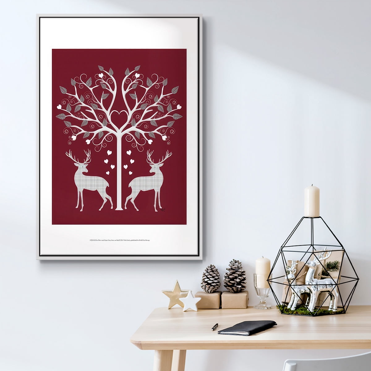 Christmas Des - Deer and Heart Tree, Grey on Red - Framed Gallery Wrapped Holiday Canvas - 25 x 37 - White Frame