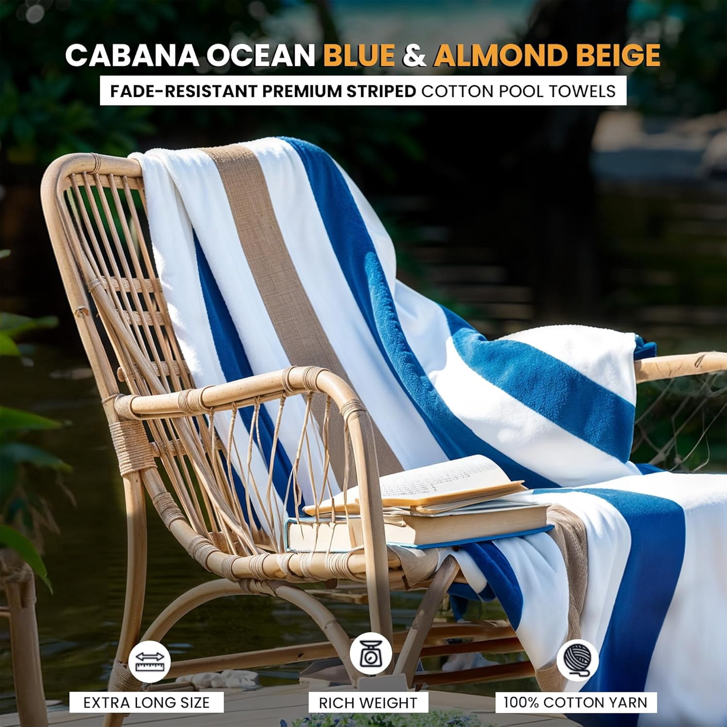 Blue & Beige Cabana Stripe Extra Large Bulk Beach Towels 35x70 (Pack of 24) - 100% Ringspun Cotton Pool Towels - 2 Dozen Wholesale Beach Towels - Highly Absorbent Large Towels for Hotels and Resorts