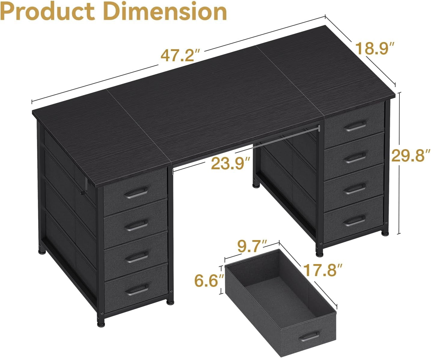 ZYPPP 48 Inch Computer Desk with 8 Fabric Drawers, Modern Office Desk with Large Storage for Home Office, Study, Gaming, Black