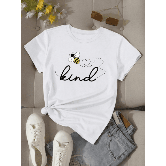 Women's White "Bee Kind" T-Shirt Cute Honey Bee Heart Graphic Tee Casual Short Sleeve Crewneck Top