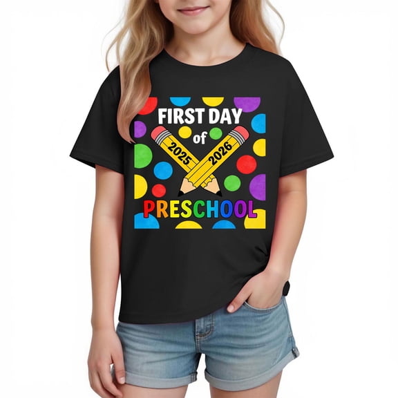 First Day of Preschool Shirt 2025-2026 Boys Kids & Kids 100% Cotton Soft Tshirt Black,Size 7 T