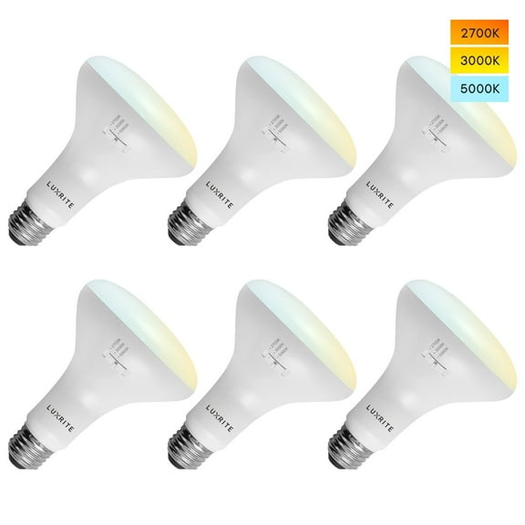 Luxrite 6-Pack BR30 LED Flood Light Bulb, 3 Color Selectable, Dimmable, 850 Lumens, 10 Watt, Damp Rated