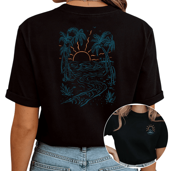 Black Vintage Coastal Beach Line Art Print Tshirt Graphic Tees Shirts S-5XL Beach Lover Gift Tops