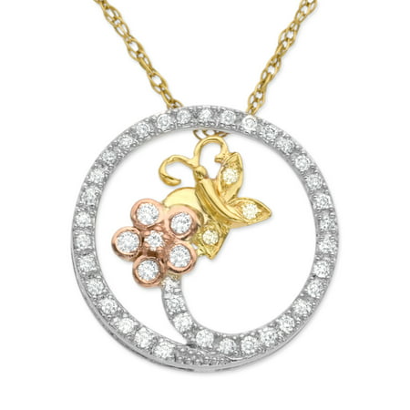 1/5 ct Diamond Butterfly Circle Pendant Necklace in 14kt Three-Tone Gold
