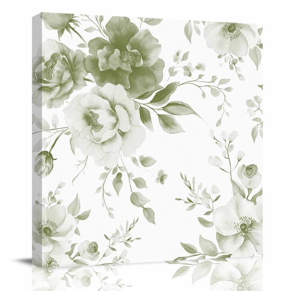 Canvas Print Wall Art Oil Paintings Vintage Sage Green Blossom Flower Picture Prints Artwork for Living Room Kitchen Bathroom Bedroom,Stretched and Framed Ready to Hang,Watercolor Floral Leaves
