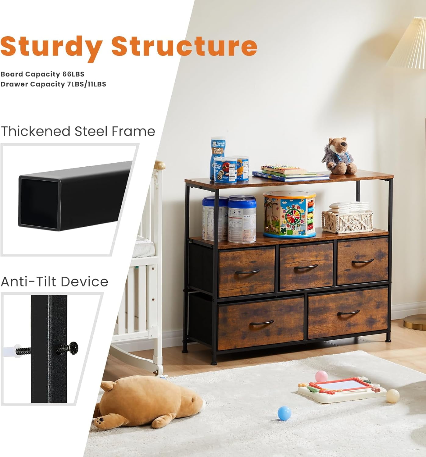 Bigleap TV Stand for Bedroom, TV Dresser for 45 inches, Media Console Table, Entertainment Center with 5 Fabric Drawers Cabinet and Open Storage Shelf Furniture Cabinet for Living Room, Brown