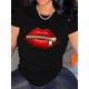thumbnail image 1 of Red Lips Print T-Shirt, Casual Crew Neck Short Sleeve Top For Spring & Summer, Women's Clothing Tee For Adult, Men, Women, Teen, Teenager, Adolescent, Youth, 1 of 6
