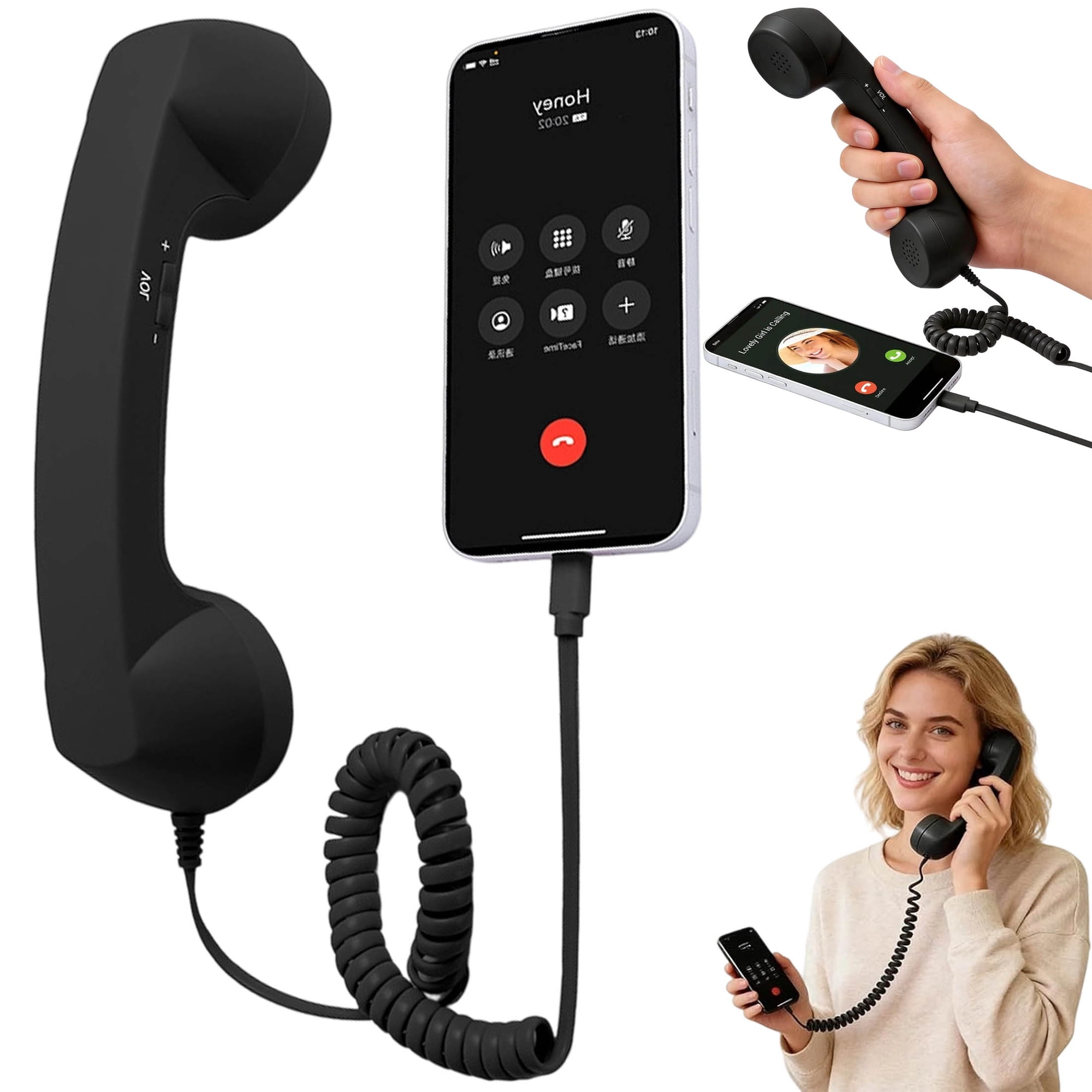 Retro Phone Handset for iPhone and Android, Type-C Vintage Wired Handset with Microphone, Dial Bop Phone for Calls, Meetings, Christmas Gifts