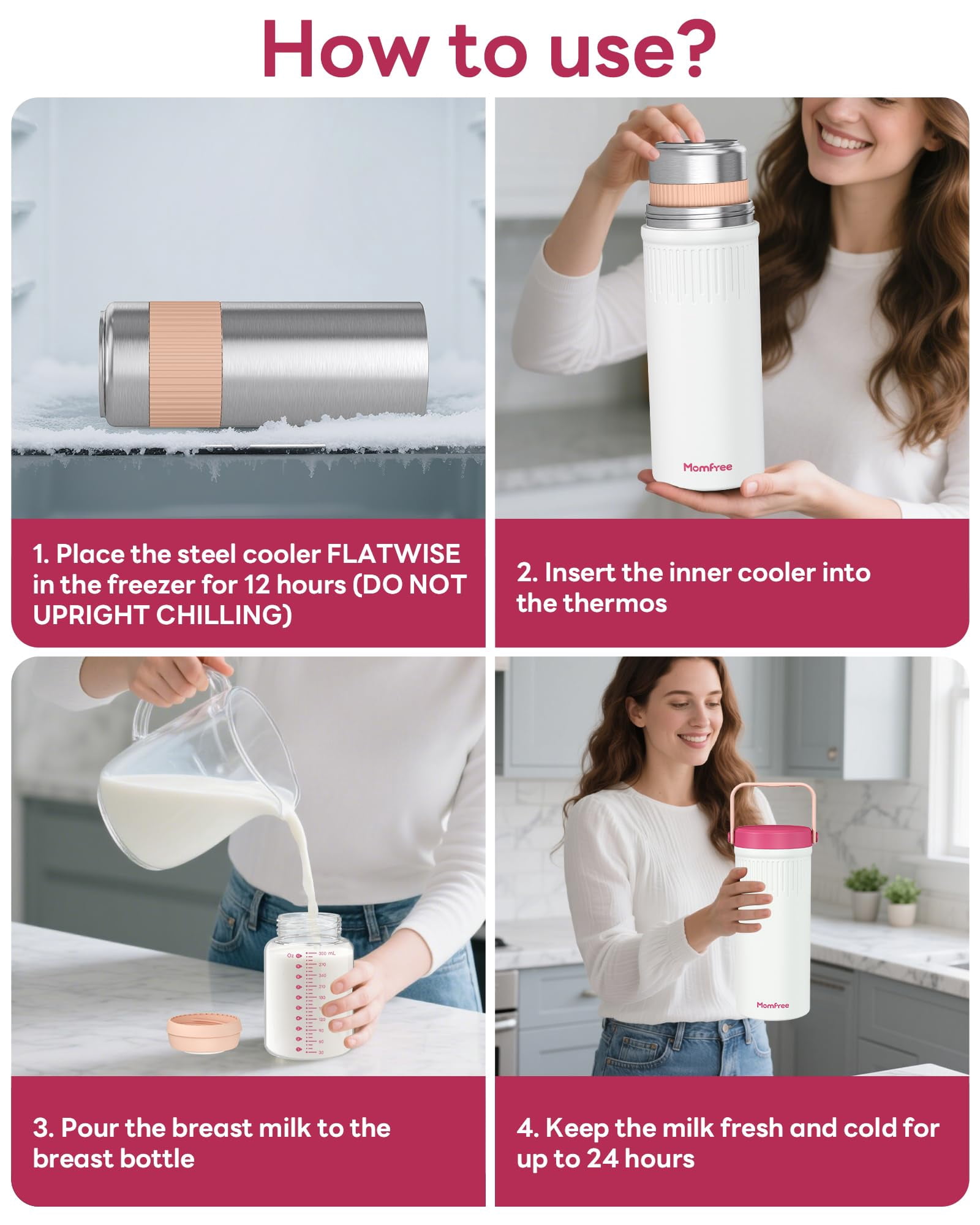 Momfree 22oz Portable Breast Milk Cooler, 24H 360° Continuous Cooling, Stainless Steel Breastmilk Chiller with 2 BPA-Free Bottles for Travel