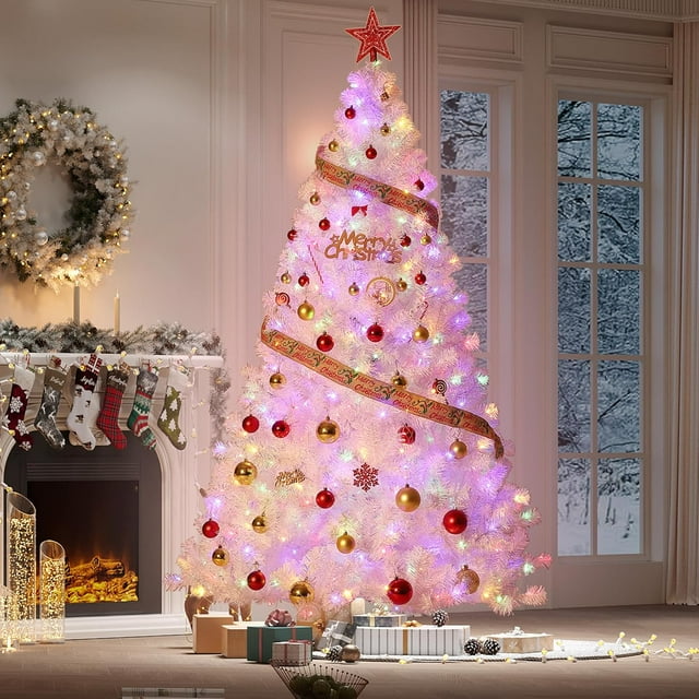 Foldable Base Pre-Lit Artificial Christmas Tree for Home, Office, Party , Pre-Lit Snow Flocked Pencil Christmas Tree