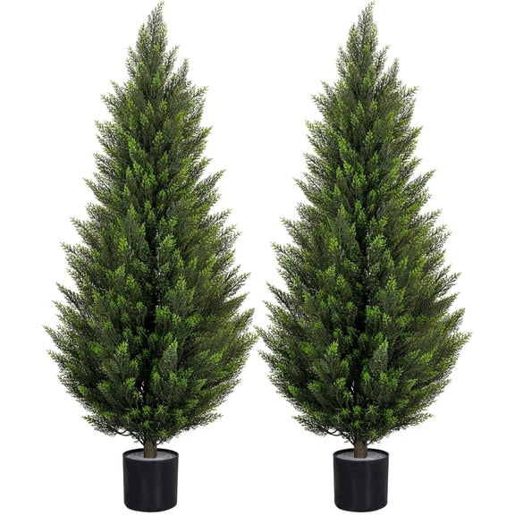 ROMSWI Artificial Cedar Topiary Trees 3FT 2 Pack UV Resistant Evergreen Fake Cypress Pine Black Pot for Indoor Outdoor Entryway Porch Decor