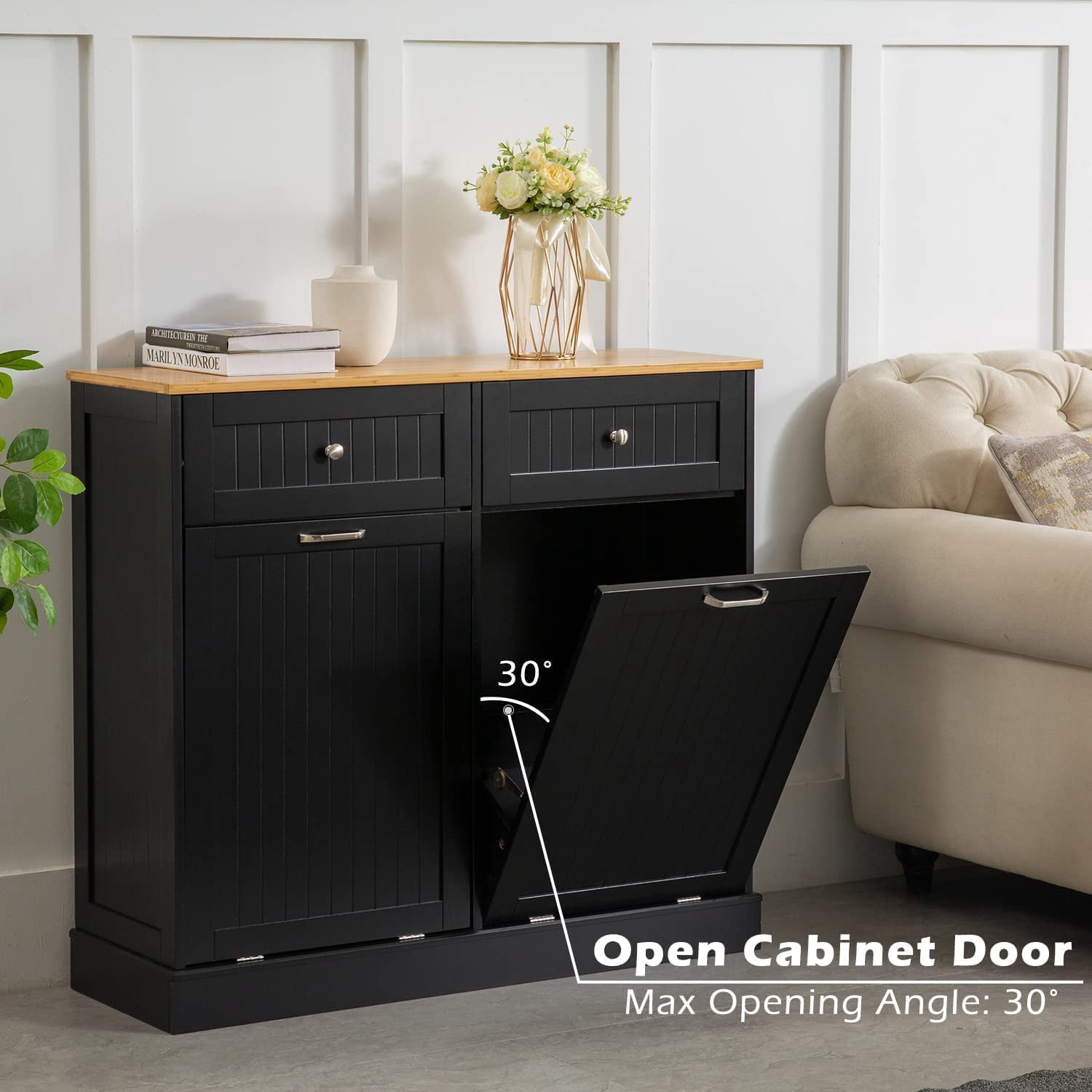 GAZHOME Kitchen Trash Can Cabinet, Double Tilt Out 20 Gallon Garbage Cans Cabinet, Black