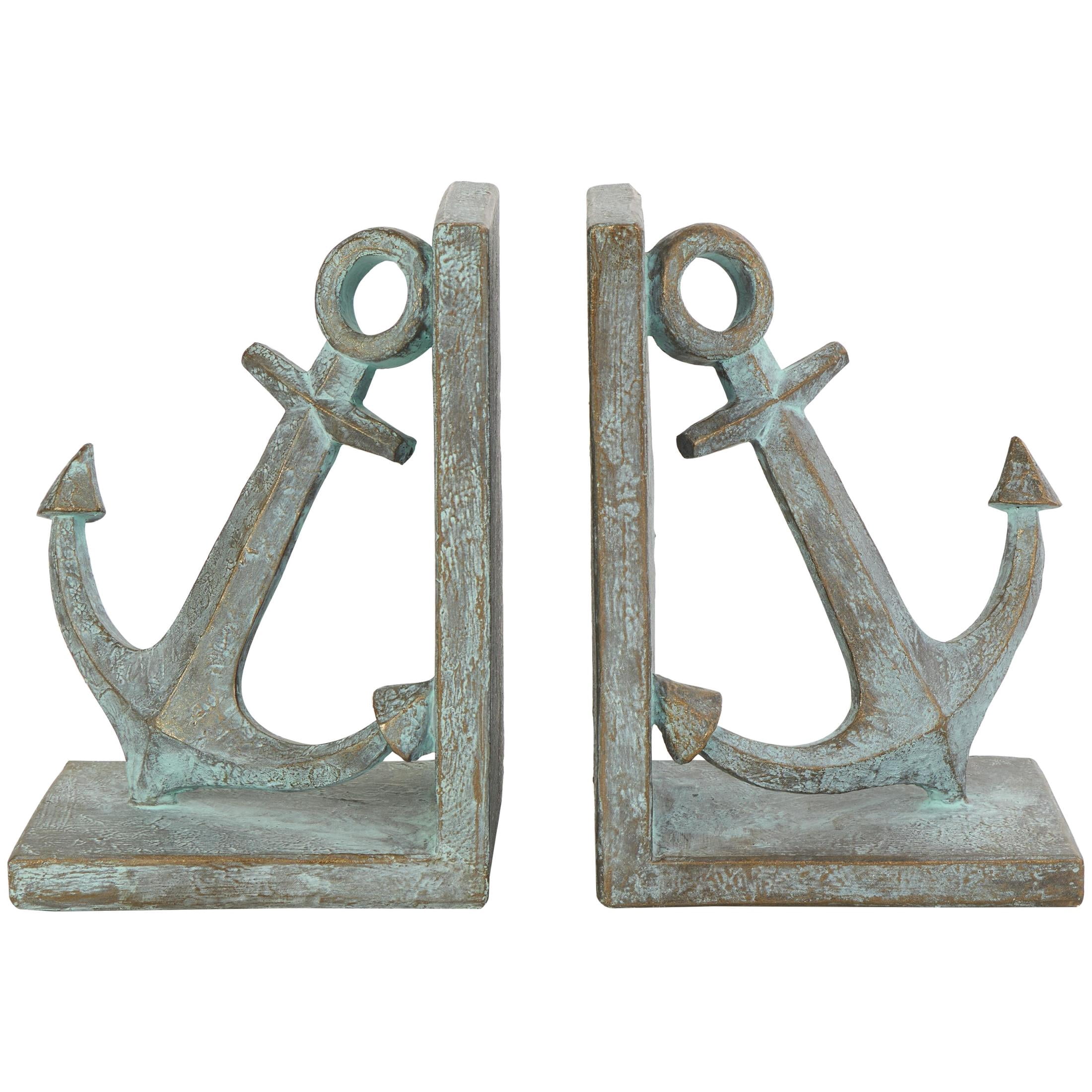 DecMode 4" Distressed Patina Anchor Blue Polyresin Bookends with Gold Foil Accents (Set of 2)