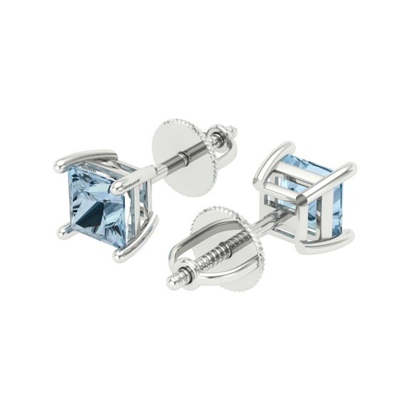 1 Ct Princess Cut Studs Natural Swiss Blue Topaz 14K White Solid Solid Gold Everyday Dainty Earrings Screw Back