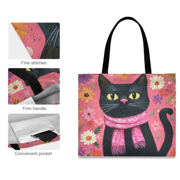Canvas Tote Bag for Women Girls Design Print Friendly Black Cat Tote