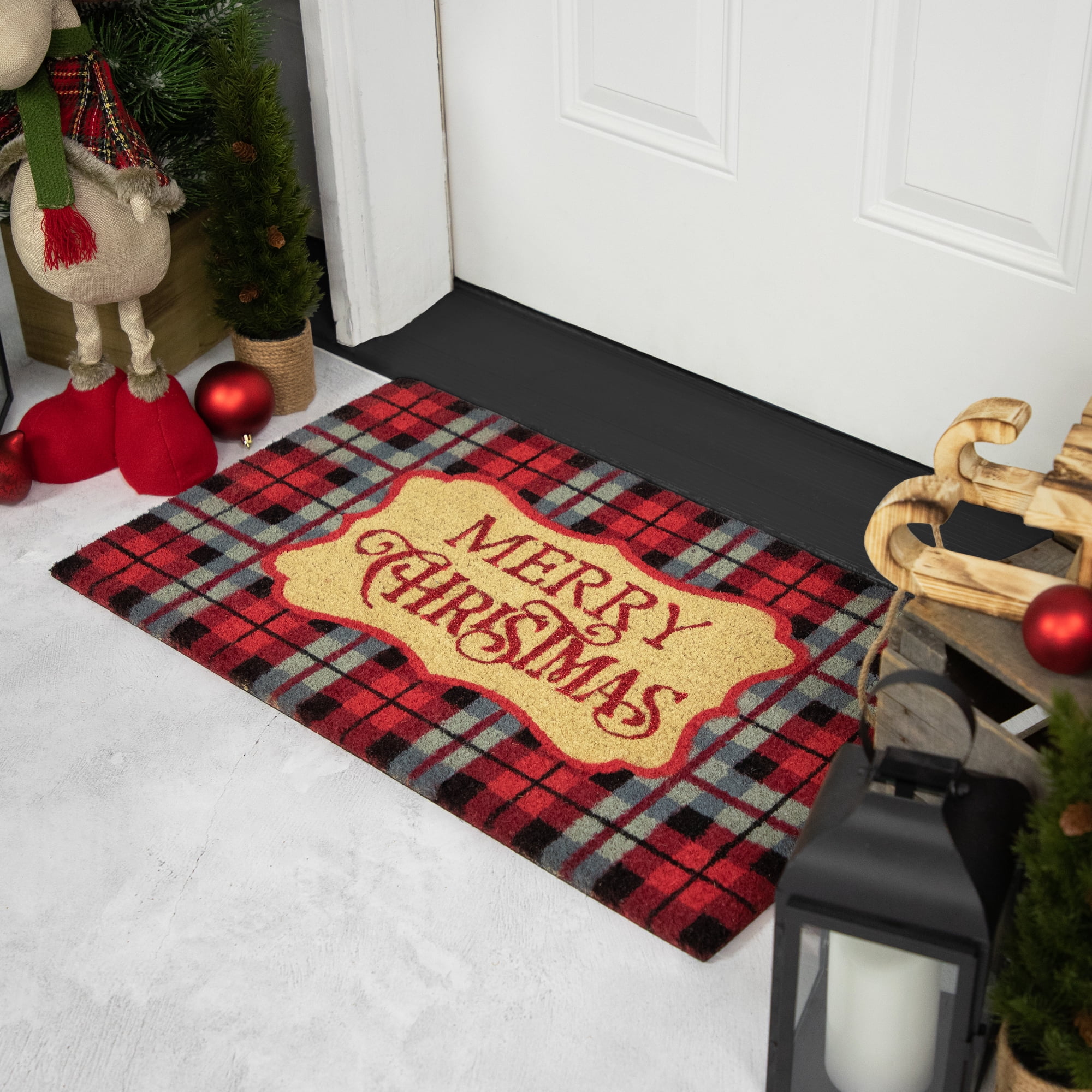 Red and Black Plaid "Merry Christmas" Outdoor Mat 30 x 18