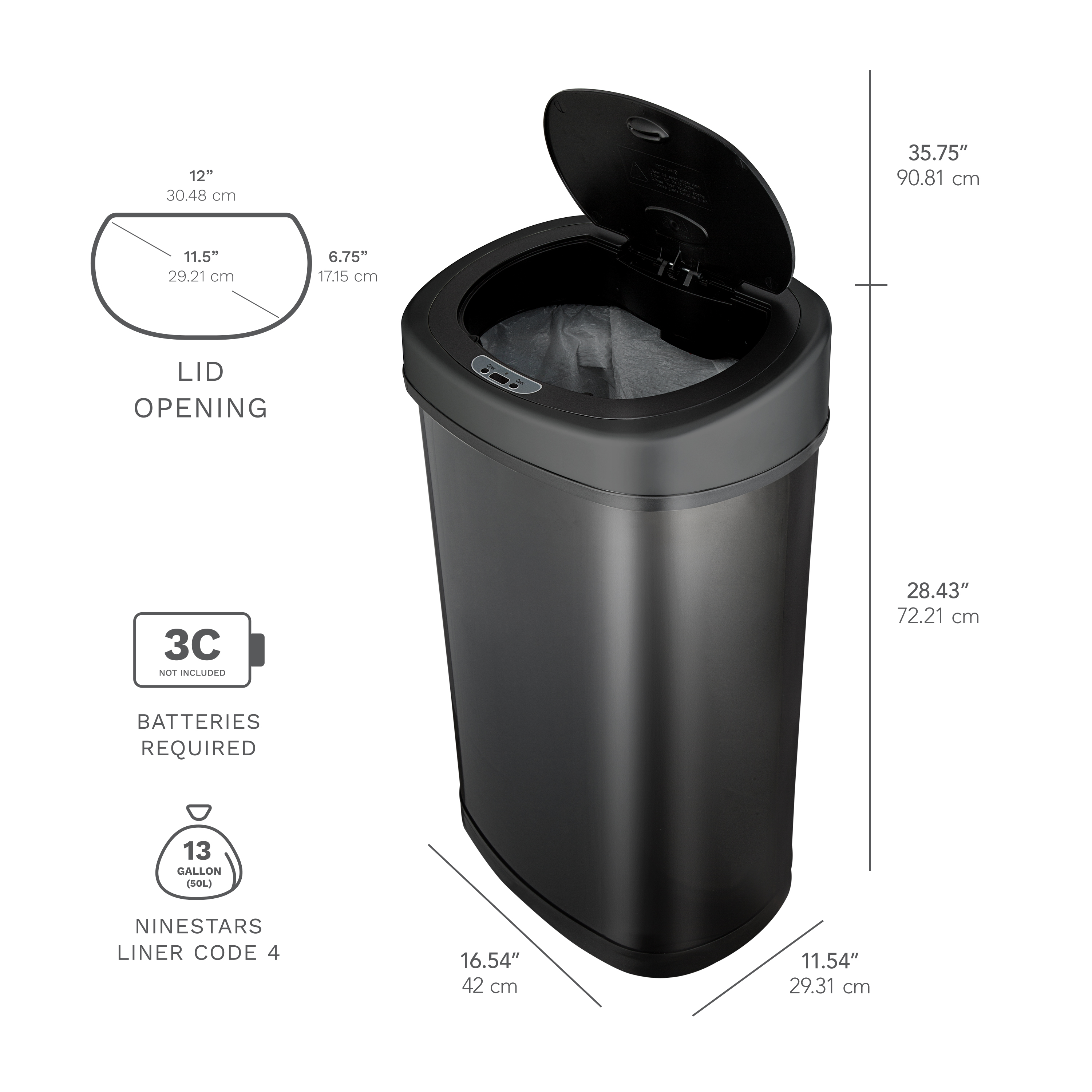Nine Stars Motion Sensor Oval Kitchen Garbage Can, Fingerprint-Resistant Stainless Steel, 13.2 gal, Matte Black - image 6 of 9