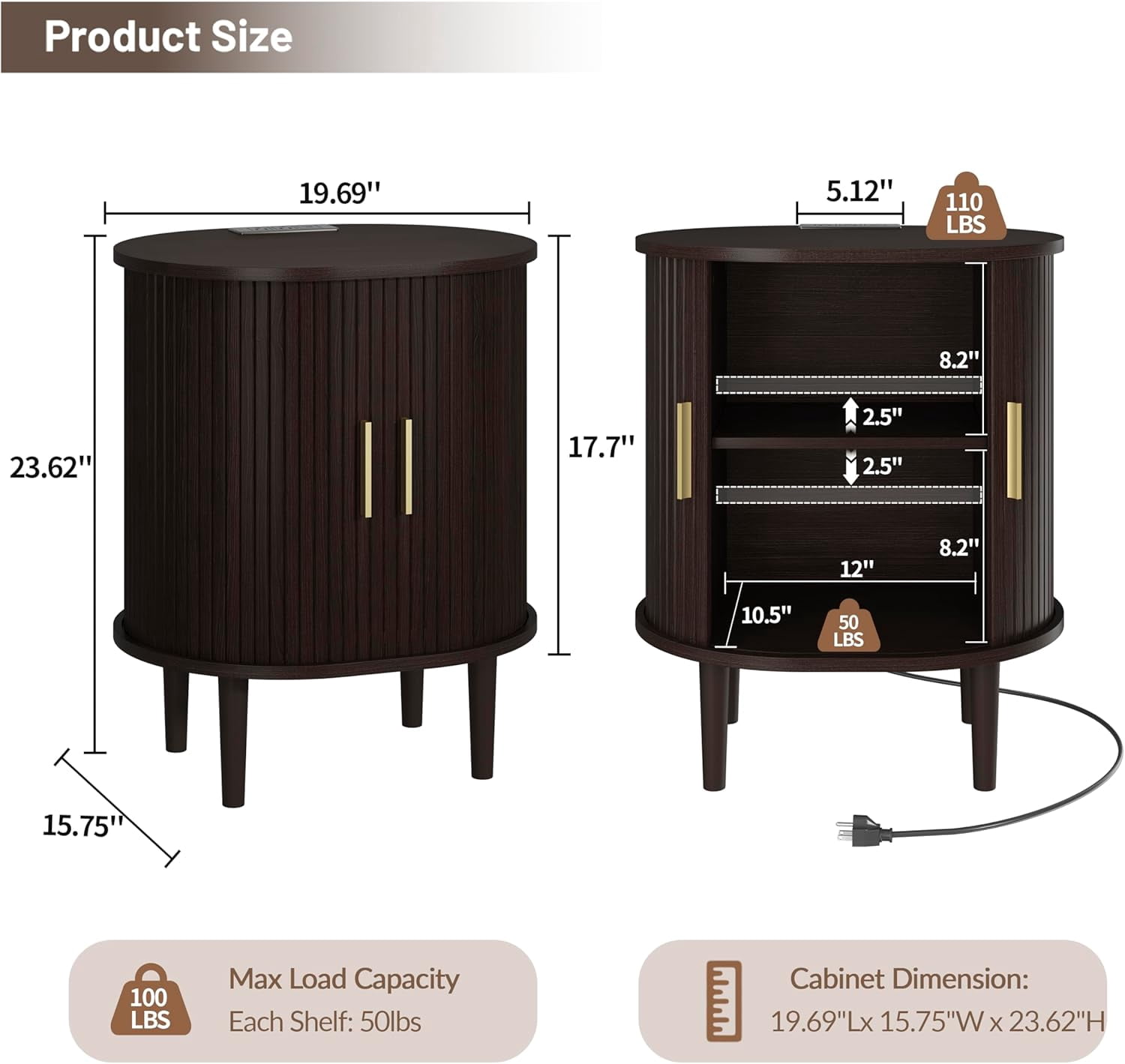 Nightstand with Charging Station, Fluted Accent Side Table with Sliding Door & Adjustable Shelf, End Table for Small Space, Living Room, Bedroom,Sofa Couch, Dark Walnut