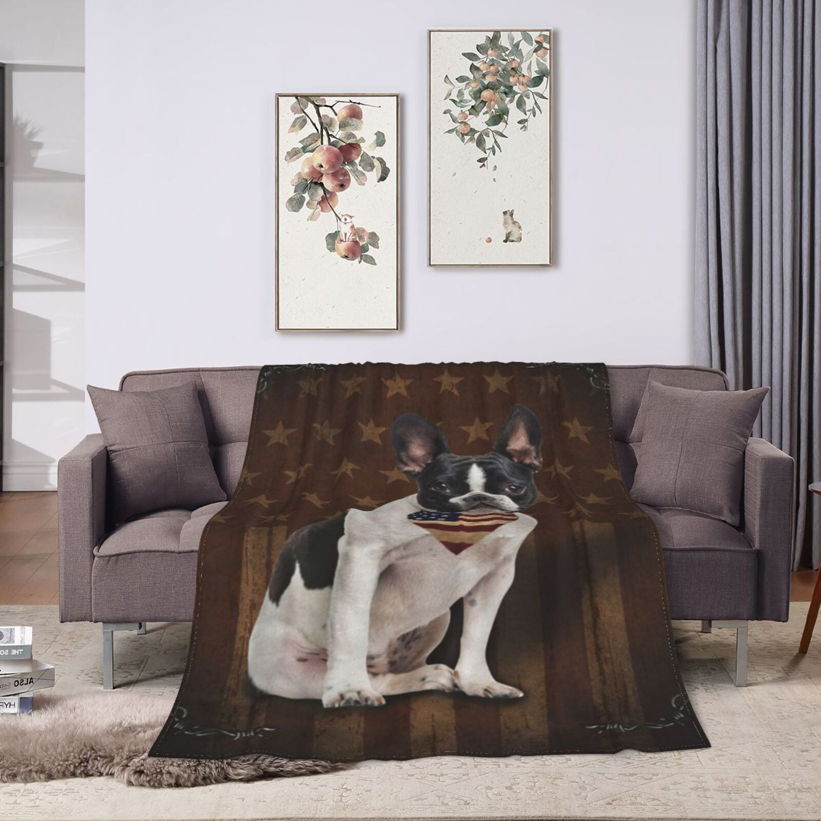 Wijzvio Boston Terrier Bulldog Dog With Vintage American Flag Throw Blanket Soft Fuzzy Fleece Blanket For Couch Bed Living Room Decoration 50"X40"