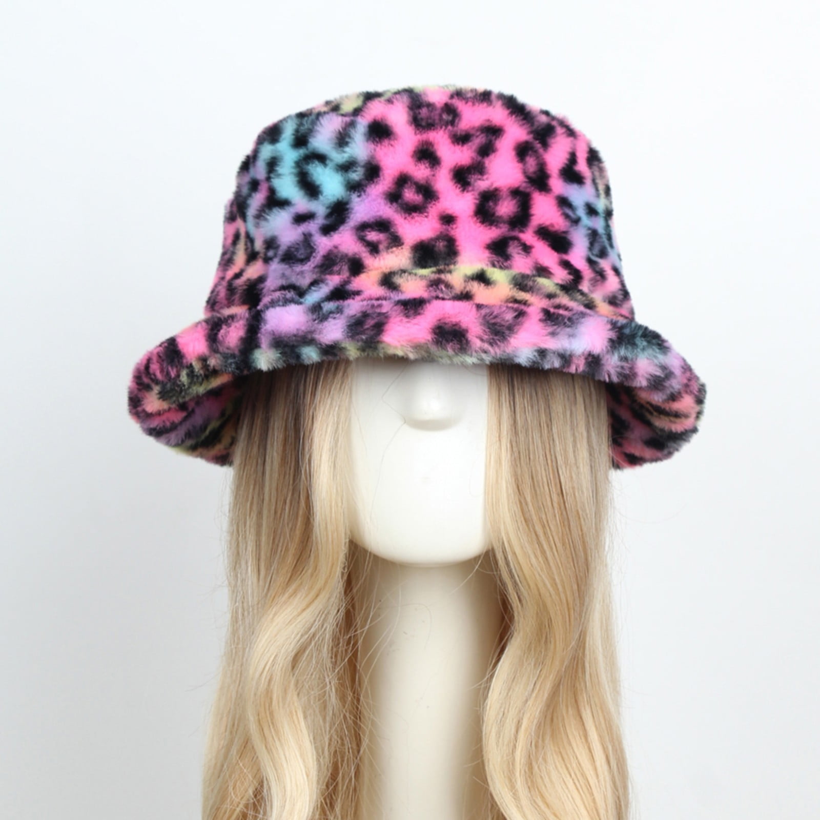 Contemporary fall winter warm plush faux fur leopard print bucket hat Leopard Print Faux Fur Bucket Hat: Fluffy Plush Winter Hat  main image 4