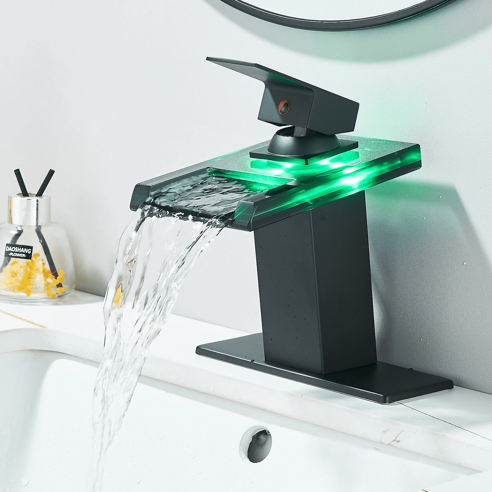 Zovajonia Bathroom Sink Faucet, Matte Black Waterfall Single Handle Vanity Faucets 1 Hole with Pop Up Drain and 2 Water Supply Lines, Open Glass Spout