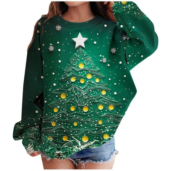 Lorytime Kids Sweatshirt for Winter Boy Girl Christmas Tree Star Fleece Shirt Crew Neck Long Sleeve Pullover Tops