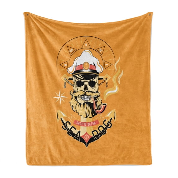 Skull Smoking Soft Flannel Fleece Blanket, Smiling Skeleton Head Wearing Sailor Cap and Anchor on Background, Cozy Plush for Indoor and Outdoor Use, 50" x 70", Pale Orange Multicolor, by Ambesonne