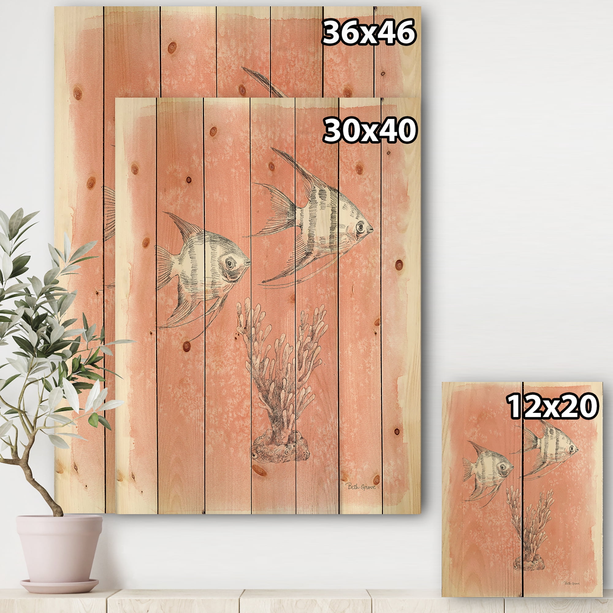 Designart 'Coastal Sea Life III fish sketches' Nautical & Coastal Print on Natural Pine Wood