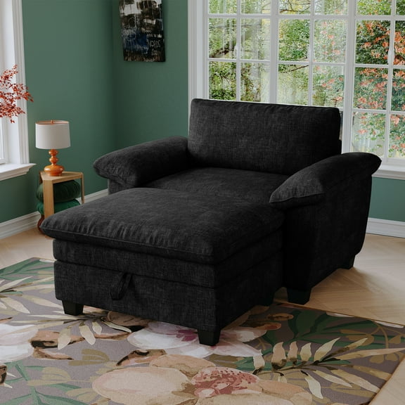 Newboti Furniture 51" Oversize Chaise Lounge Chair with Ottoman and Storage Upholstered Soft Chenille Black 31832