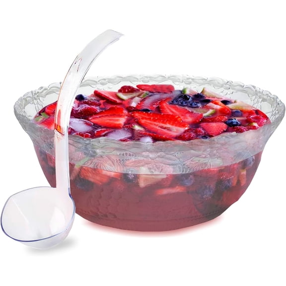 Plastic Punch Bowl with Ladle – Clear Punch Plastic Bowls – BPA Free Recyclable Punch Set of Bowl and 5 oz. Ladle – Embroidered Punch Bowl with Serving Ladle for Parties