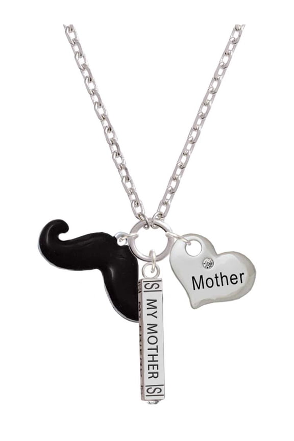 Silvertone Large Black Enamel Mustache Always My Mother Bar Zoe Necklace