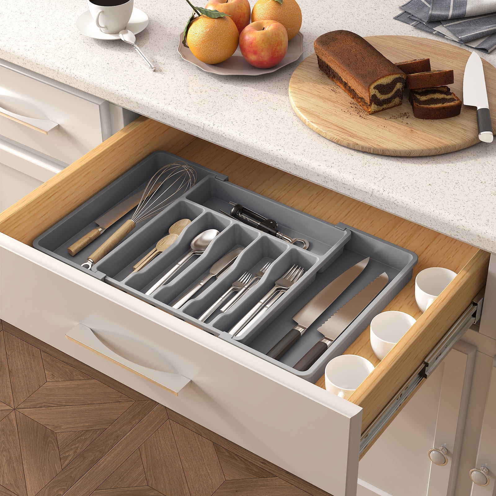 Lifewit Silverware Drawer Organizer, Expandable Utensil Tray BPA Free, Adjustable Flatware Storage for Spoons Forks Knives, 13"-22.4",  Gray