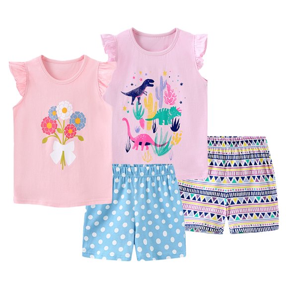KYAIGUO Toddler Kids Girls Cartoon Cotton Shorts Set Baby Summer Sleeveless T-Shirt Tops and Floral Shorts for 2-7 Years Old