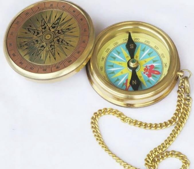 Maritime treasures Vintage Brass Pocket Compass with Chain | Antique Nautical Magnetic Compass | Collectible Navigation Instrument | Gift for Sailors, Hikers, Collectors