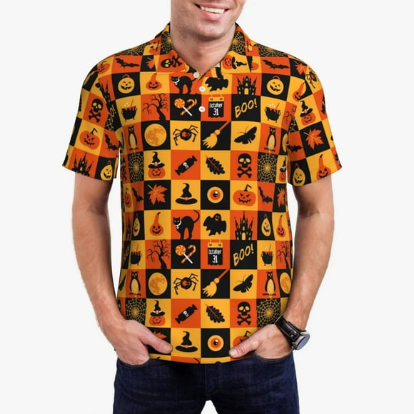 Balery Halloween Camisa Polo de Hombre con Estampado, de Manga Corta y Tejido Medio, Camisa Tipo Golf Polo-Large
