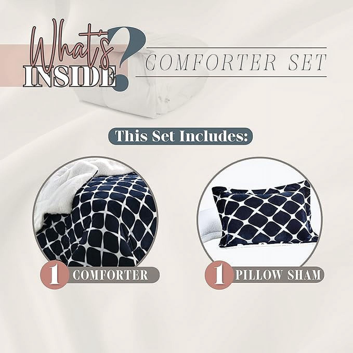 Elegant Comfort 3-Piece Luna Ogee Pattern Collection, Reversible Sherpa Comforter, Soft, Breathable & comfy Fabric, High Quality Micro-Suede, Ogee Pattern Sherpa Comforter, King, Midnight Navy