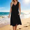 Qulqfy Wedding Guest Womens Dresses Solid Cotton Maxi Sleeveless Casual Boho A-Line Beach Flowy Slit Neck Sundress Black L
