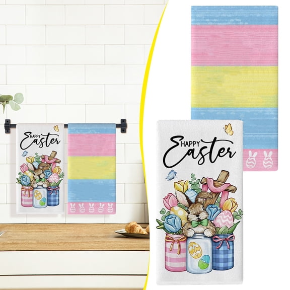 Happy Easter Dish Towels Set of 2 Bunny Sweet Stripes Kitchen Towels Drying Hand Towels 15.7"x23.6" Rabbit Eggs Tulip Baking Cooking Cloth for Easter Decorations(I)