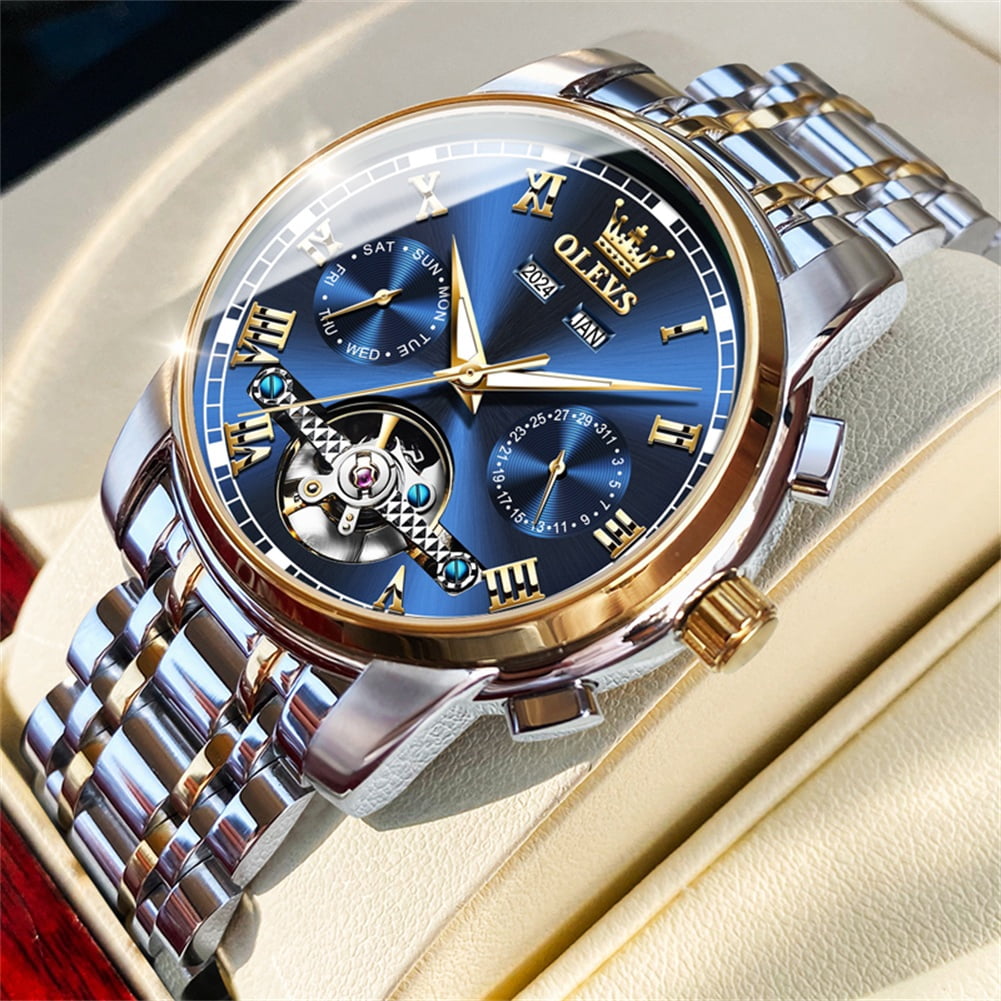 OLEVS Automatic Watches for Mens Self-Winding Mechanical Chronograph Classic Fashion Business Tourbillon Skeleton Stainless Steel Waterproof Luminous Mens Wrist Watches Reloj Para Hombre