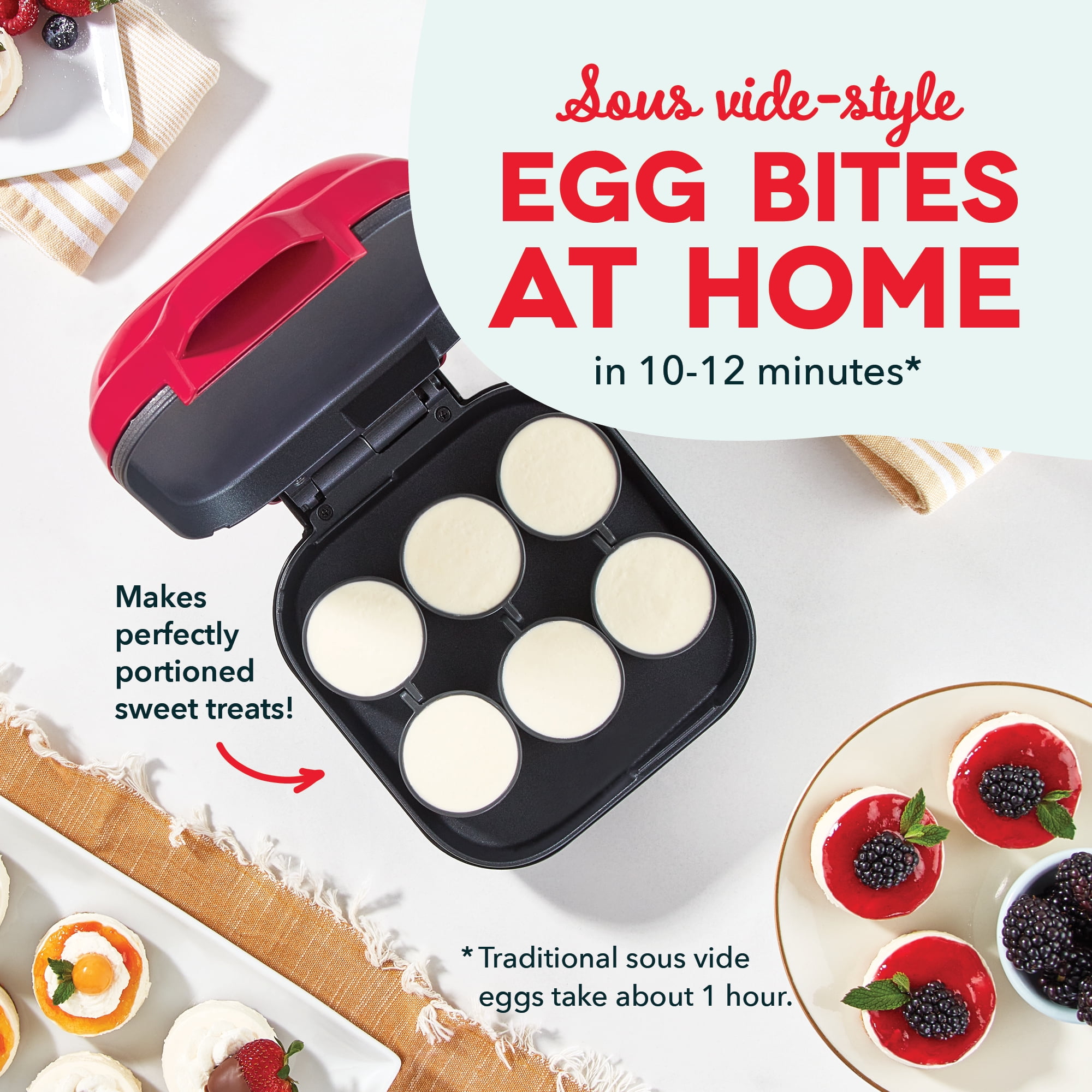 Dash Deluxe Sous Vide Style Egg Bite Maker with Silicone Molds for Breakfast Sandwiches, Healthy Snacks or Desserts, Keto & Paleo Friendly, Makes 6 Egg Bites, Red
