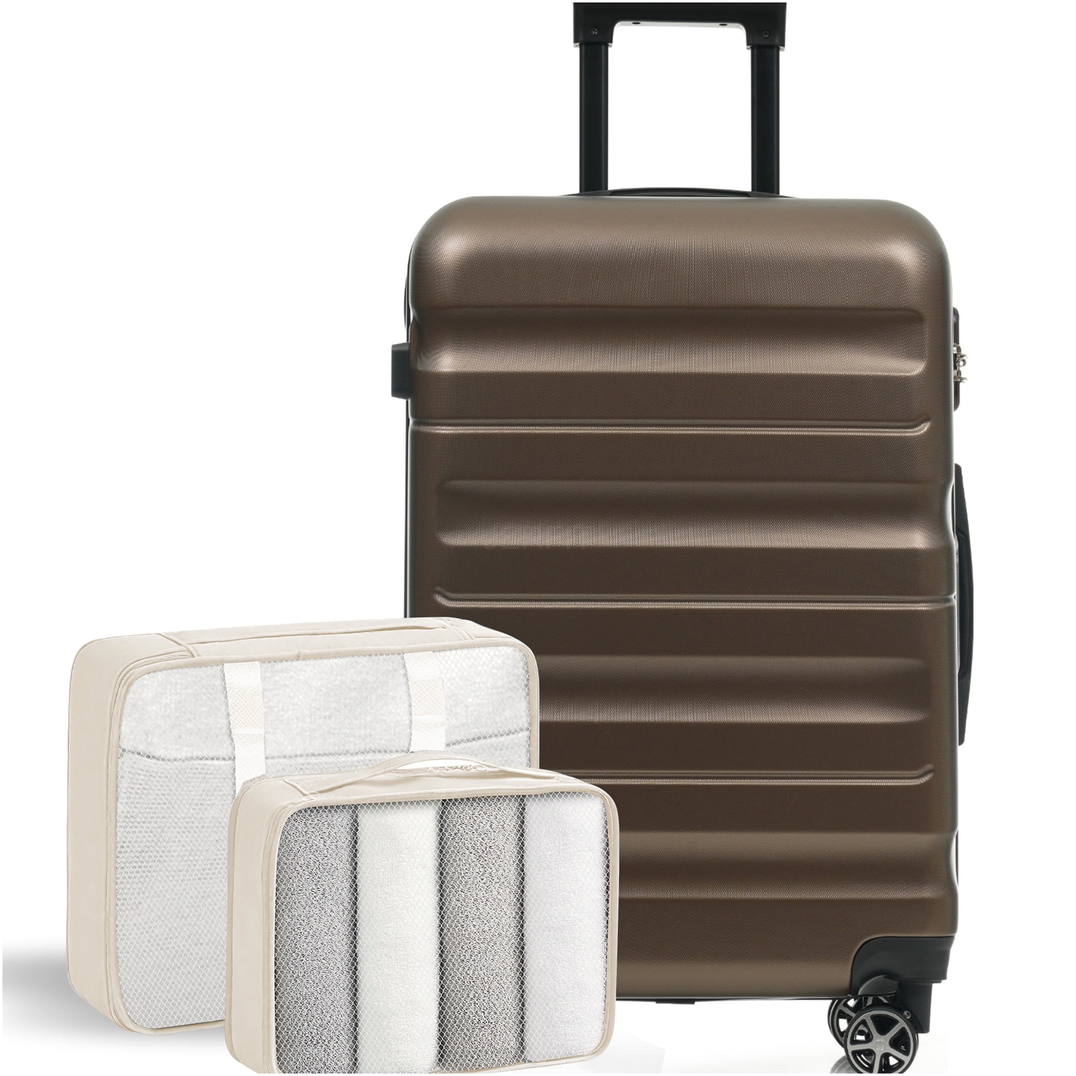 JERFIT 24 Inch Brown ABS Hardshell Checked Spinner Suitcase Luggage with Packing Cubes, Lightweight & Durable Travel Suitcase for Men and Women