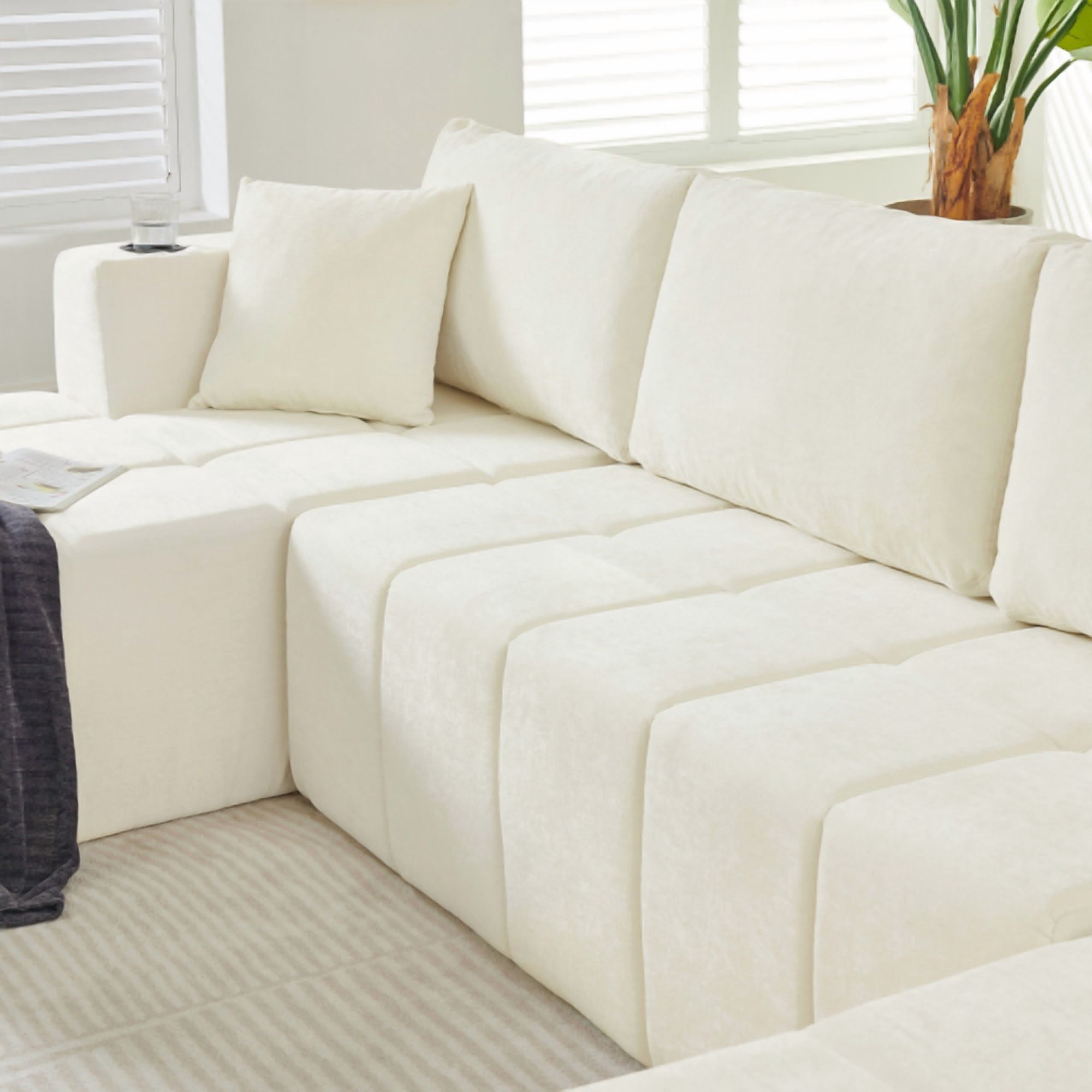 132-inch U-Shaped Chenille Sectional Sofa with Dual Chaises, Cup Holders & Side Pockets, Cloud-Style Boneless No-Assembly Compression Couch for Living Room, Beige