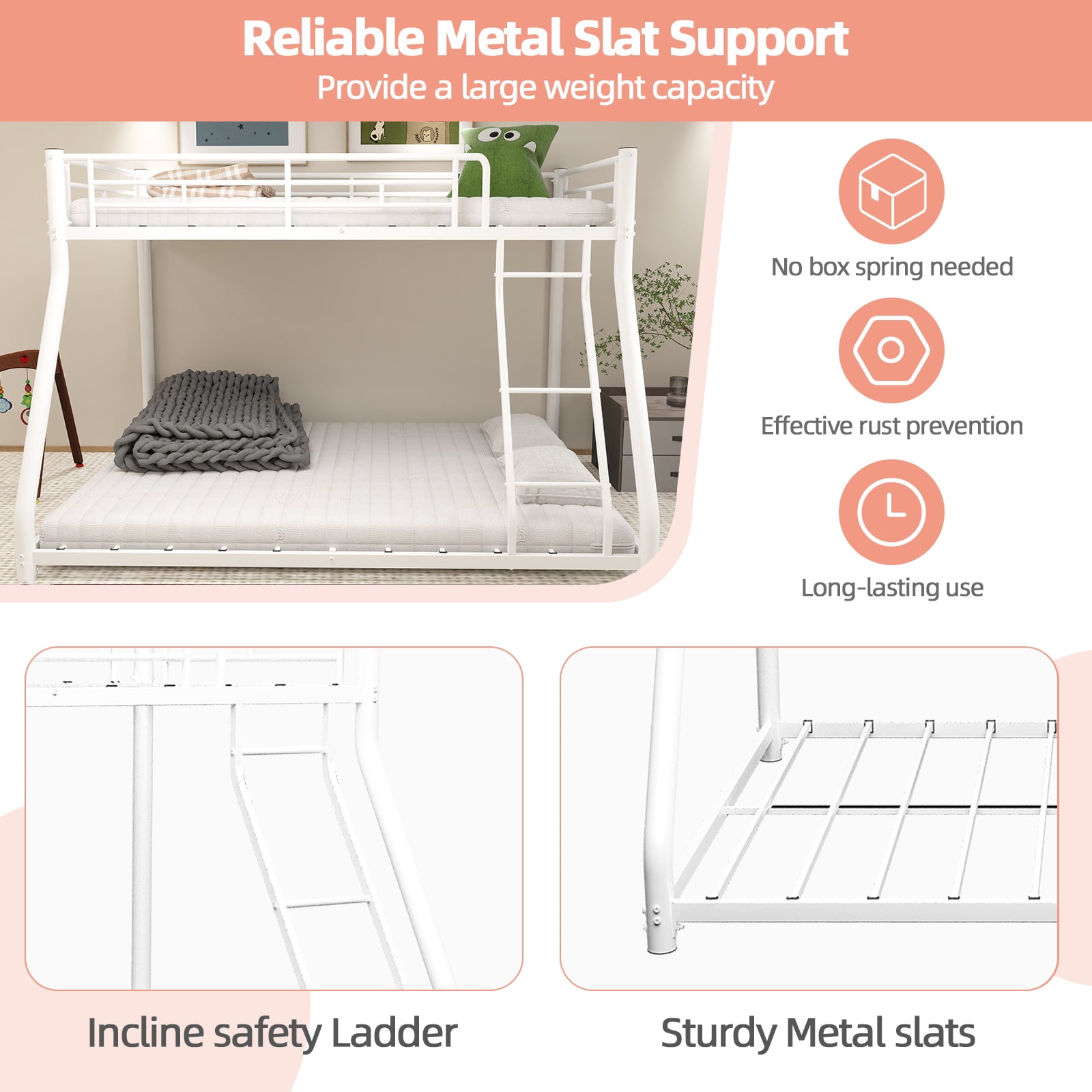 Alvantor Twin over Full Bunk Bed for Kids & Adults Low Metal Heavy-Douty Bunk Beds Frame with Full-Length Guardrails White