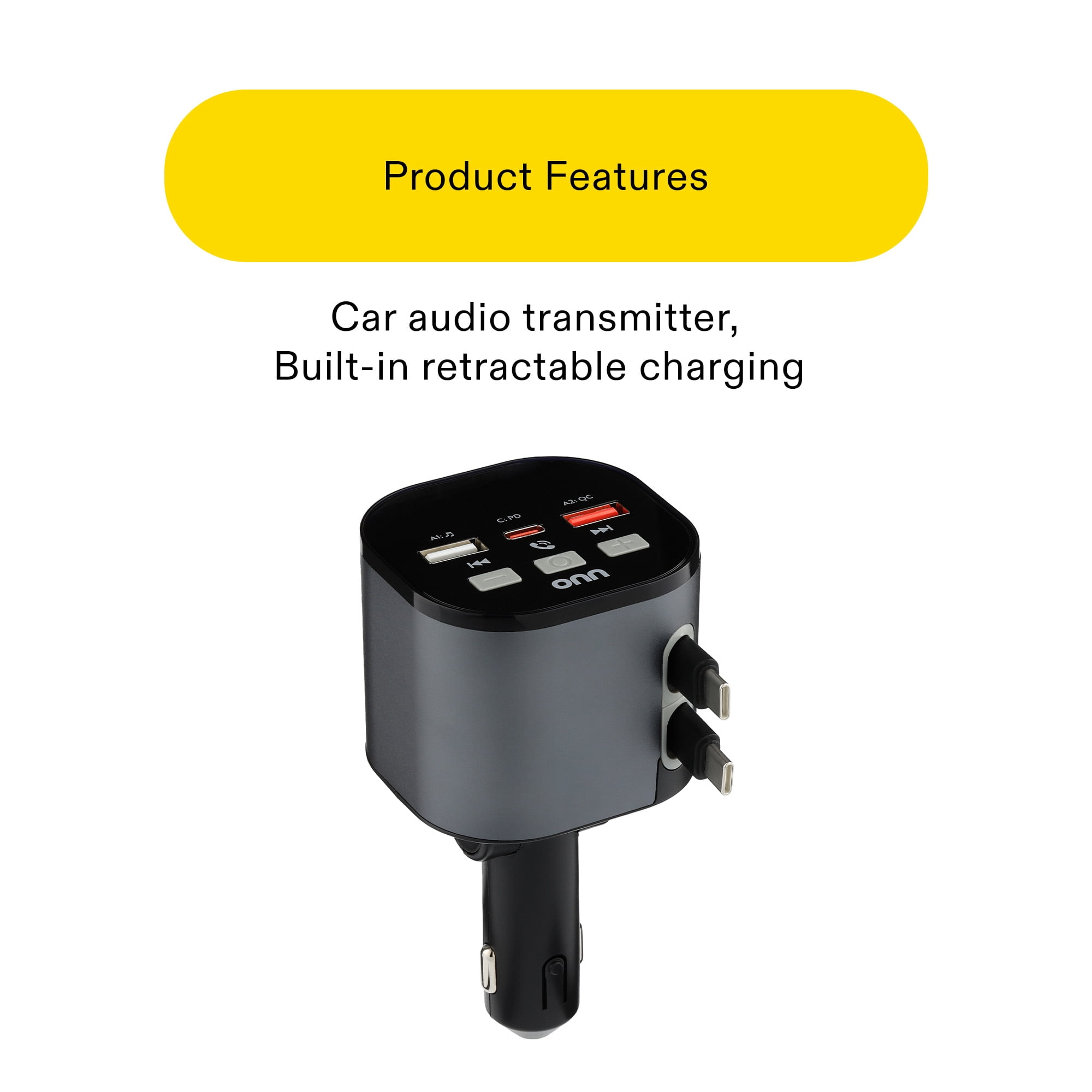 onn 30W/18W Wireless FM Transmitter and Car Charger with Retractable USB-C Cables
